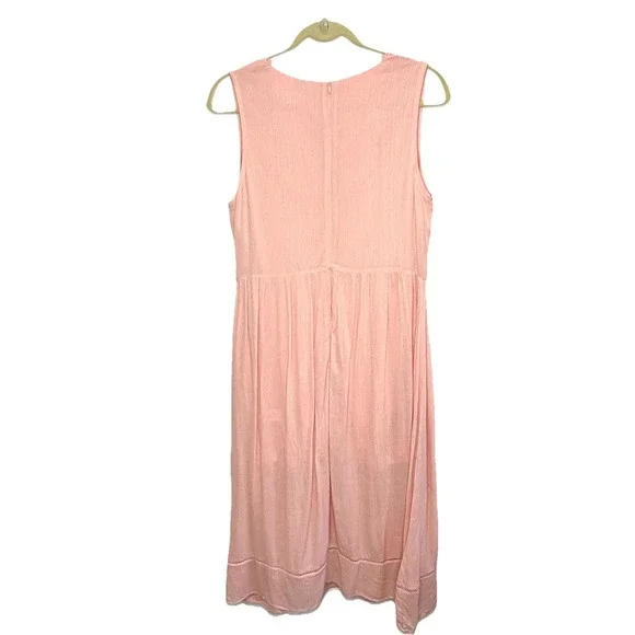Entro Peach Embroidered Midi Dress Boho Floral Sleeveless Empire Waist Size L - Picture 13 of 14